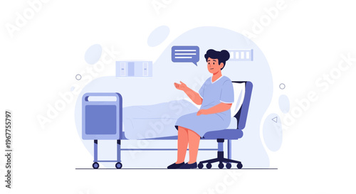 Patient in hospital gown talking while sitting on chair next to hospital bed