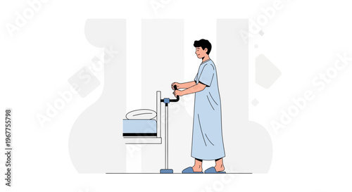 Patient in hospital gown using medical equipment next to bed