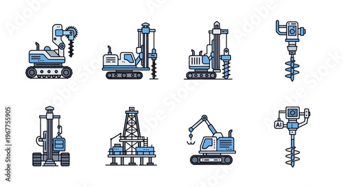 Set of Drilling Machines and Construction Equipment Icons