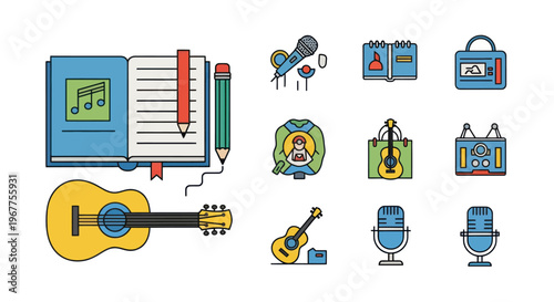 Music Creation Icons: Songwriting, Guitar, Microphones, Recording Studio Equipment