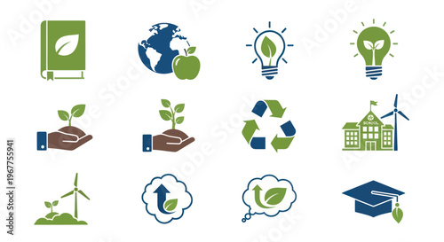 Eco Icons: Green Energy, Sustainability, Education, Environment Concepts