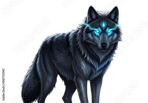 Glowing wolf with blue eyes on black background