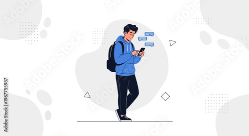 Young man with backpack using smartphone, sending messages, modern illustration