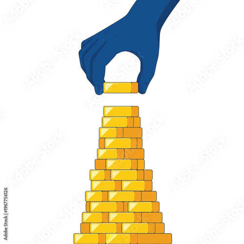 Hand stacking gold bars to build a tall tower, symbolizing wealth accumulation and financial growth strategy