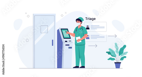 Medical Triage Kiosk: Nurse Using Digital System in Hospital Entrance