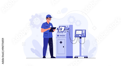 Medical Technician Working on Ventilator Machine, Healthcare Technology Concept