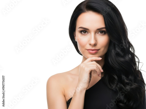 Beautiful woman with long dark hair posing with a gentle expression