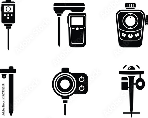 Soil testing and measurement tools icons with soil tester with moisture meter with ph meter with soil probe