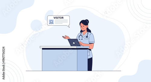 Nurse at reception desk with laptop and visitor notification