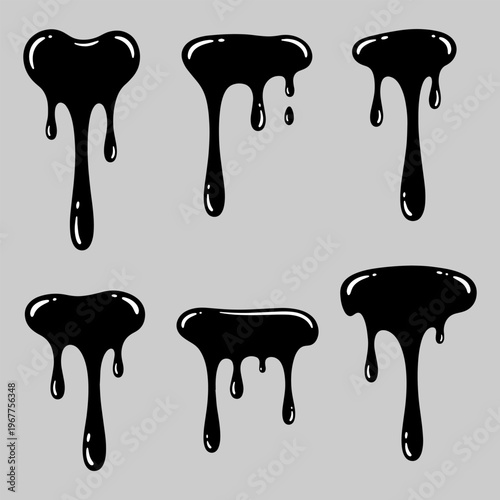 Set Of Black Melting Liquid Drips And Paint Splatter Illustration