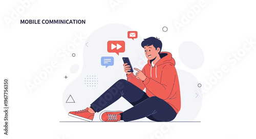 Young man using smartphone for mobile communication and social media, flat illustration