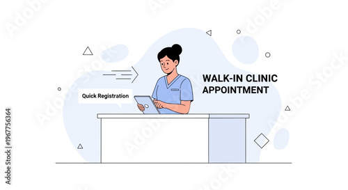 Nurse at reception desk with tablet for walk-in clinic appointment and quick registration