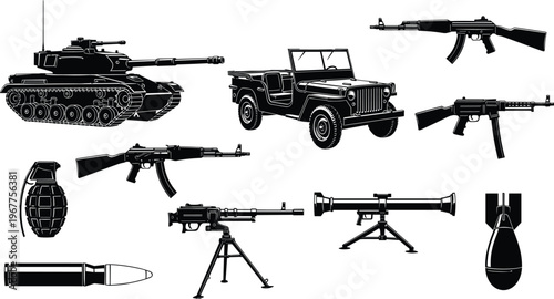 Military weapons collection with tank, rifles, rocket launcher, grenade, and armored vehicle silhouettes, modern warfare equipment set, defense technology illustration isolated on background
