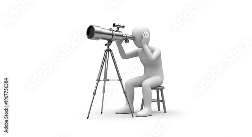 White 3 d figure sitting on stool looking through silver telescope on tripod 3d figure white figure