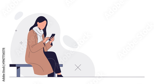 Woman sitting on bench using smartphone, minimalist illustration, beige coat, white scarf