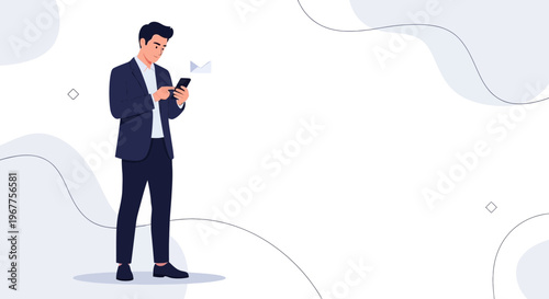 Man in Suit Using Mobile Phone, Receiving Email Notification, Business Communication Concept