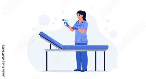 Nurse holding thermometer near examination table, medical checkup concept