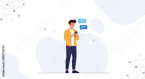 Young man texting on smartphone, chat bubbles, modern flat illustration, technology concept