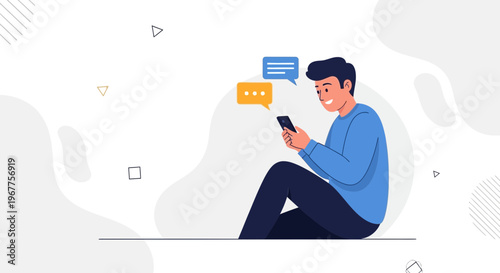 Man Texting on Phone with Chat Bubbles, Modern Flat Illustration