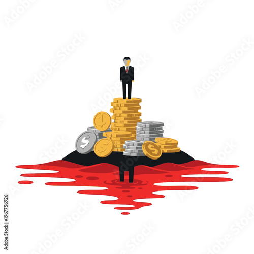 Businessman on a mountain of wealth, illustrating the hidden costs and ethical dilemmas behind financial growth and investment strategies