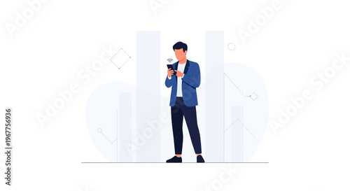 Man in suit using smartphone with charts and graphs background, business concept