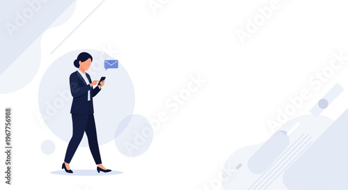 Businesswoman checking phone with email notification, walking, modern office background