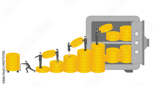 Group of Business People Collaborating on Stacks of Gold Coins to Move Assets from Safe Deposit Box for Financial Stability and Monetary Crisis Management Strategies