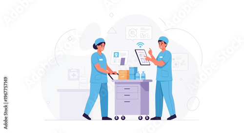 Nurses using digital tablet and medical cart for healthcare technology concept