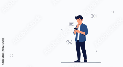 Young man using smartphone, receiving message, modern flat illustration
