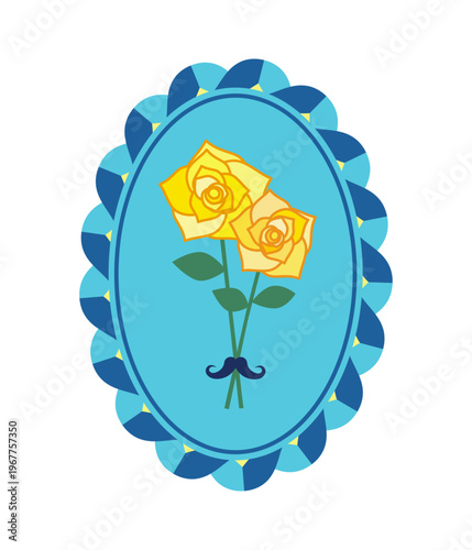 イエローグラデーションのバラ2輪をネイビーブルーのヒゲで束ねた花束、ブルーのツイスト縄状楕円フレームに囲まれた父の日用フラットベクターイラスト素材