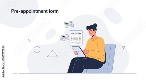 Patient filling out pre-appointment health form on tablet, online healthcare concept