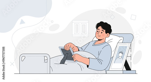 Patient holding photo frame in hospital bed, recovery and hope concept