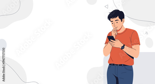 Young man looking at smartphone, thinking, with abstract background