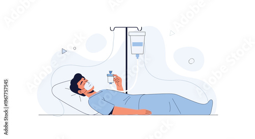 Patient in hospital bed with IV drip and mask, medical treatment concept