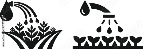 Agricultural crop irrigation and plant watering system vector icons with water drop with water spray