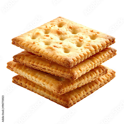 Golden stack of crispy square crackers with textured surface baked in a studio setting perfect for snacks and appetizers isolated against black background