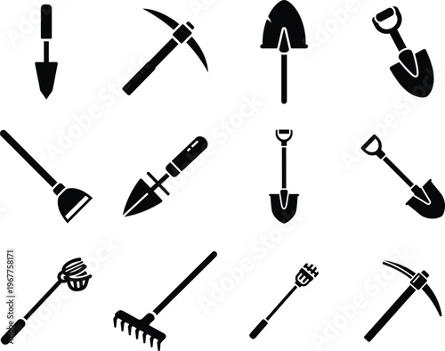 Collection of digging and gardening hand tools icons with heavy duty with manual labor with hand tool
