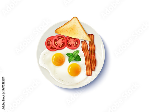 american full breakfast 3d realistic illustration with eggs bacon sausage toast beans traditional meal food platter morning dining concept