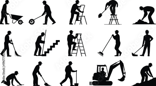 Construction and cleaning workers silhouettes set ladder wheelbarrow excavator sweeping digging tools manual labor isolated on white background vector illustration