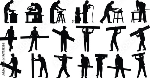 Construction workers silhouettes set carpentry cutting drilling carrying wood beams manual labor isolated on white background vector illustration collection