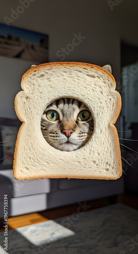 Curious cat peeking through a slice of toasted bread in a cozy living room with warm lighting