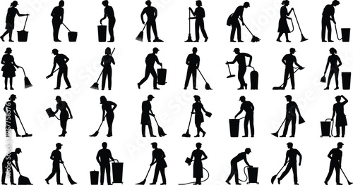 Cleaning workers silhouettes set janitor housekeeping sweeping mopping trash tools sanitation labor isolated on white background vector illustration collection