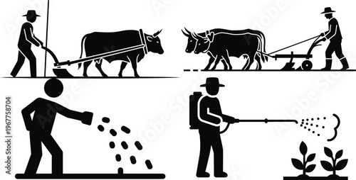 Traditional and modern farming labor, plowing, sowing, and spraying icons, backpack sprayer, farm work