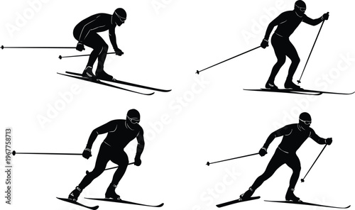 Skier silhouette collection in various downhill poses, winter sports activity, alpine skiing motion, outdoor recreation, adventure lifestyle and cold season action concept