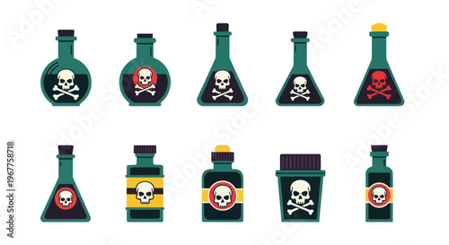 Collection of Poison Bottles with Skull and Crossbones Icons, Dangerous Liquid