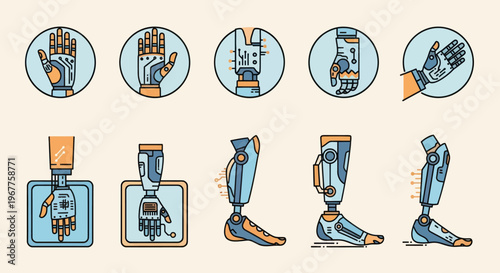 Robotic Prosthetics Icons: Hands and Legs, Bionic Limbs, Future Technology