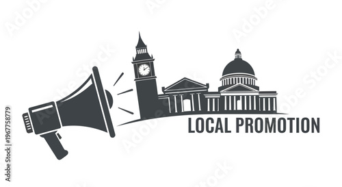 Megaphone Announcing Local Promotion for City Buildings Silhouette