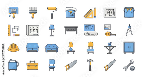 Home Renovation and Interior Design Icons Set: Tools, Furniture, Blueprints