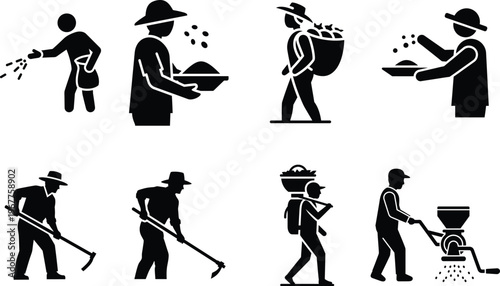 Agricultural workers sowing, hoeing, and carrying crops silhouettes icons, hand crank, black and white