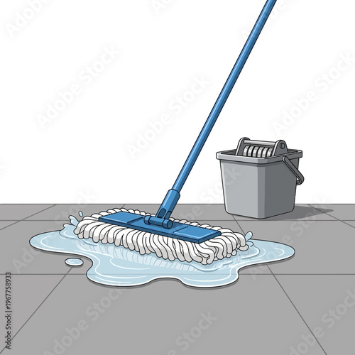 Cleaning the floor with a mop.
